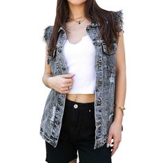 Make a retro statement with our Oversize Distressed Sleeveless Denim Vest! Crafted from 100% cotton denim, this vest features distressed patches, ripped fringe armholes, and button placket closures for an edgy yet classic look. Sleeveless Denim Vest, Womens Tailored Suit, Sleeveless Blazer Vest, Crop Denim Vest, Cargo Vest, Denim Vests, Sleeveless Blazer, Jean Vest, Long Vests