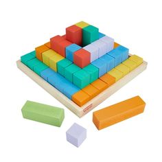 a wooden block set with different colored blocks