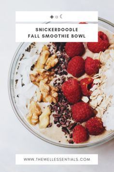 a bowl filled with fruit and granola next to a cup of yogurt