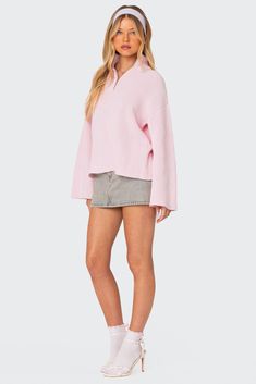 Online Only! Stay relaxed to the max in this essential cozy Edikted oversized zip sweater. Throw it over any outfit for the perfect chilled vibe.


	Zip sweater
	Oversized fit
	High neckline
	Knitted fabric
	100% Cotton
	Model wears size S
	Model height is 5'7
	Item care: Wash with similar color Pink Oversized Sweater, Visionary Fashion, Sweater Oversize, Sweater Oversized, Sweater Brands, Girls Sweaters, Zip Sweater, Pink Sweater, High Neckline