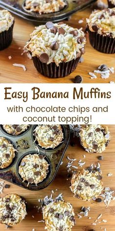 easy banana muffins with chocolate chips and coconut topping