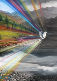 an image of a bird flying in the sky with rainbow rays coming out of it