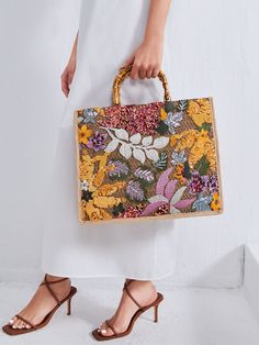 Multicolor Fashionable Collar  Straw Graphic Top Handle Bag Embellished   Women Bags Lace Decor, Beautiful Handbags, Sequins Embroidery, Casual Tote, Large Tote Bag, Womens Tote, Cute Bag