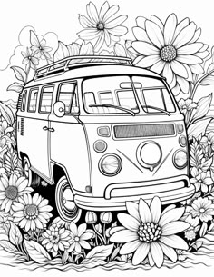 an old van with flowers and daisies on the side is shown in this coloring page