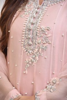 Lace Dress Design, Hand Beaded Embroidery, Bridal Dresses Pakistan, Embroidery On Kurtis, Kurti Embroidery Design, Pakistani Fashion Party Wear, Handmade Embroidery Designs, Dress Design Patterns, Embroidery Suits Design