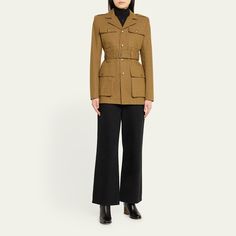 FRAME "Safari" cotton jacket featuring flap pockets with tonal buttons  Notched lapels Single-breasted front Epaulets Long sleeves Belted waist  Tailored fit Vented back Button-front Cotton Dry clean Imported Fitted Collared Utility Jacket With Flap Pockets, Fitted Utility Jacket With Flap Pockets And Collared Shape, Workwear Utility Jacket With Flap Pockets And Lapel Collar, Fitted Utility Jacket With Patch Pockets, Classic Fitted Utility Jacket With Welt Pockets, Fitted Utility Jacket With Welt Pockets, Double-breasted Utility Jacket With Pockets For Fall, Classic Double-breasted Blazer With Buttoned Pockets, Collared Sport Coat With Flap Pockets For Work