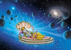 a painting of a woman laying on top of a bed in the sky with planets around her