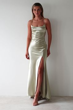 Celinee Satin Maxi Gown | Sage Formal Dresses Satin, Sage Prom Dress, Prom Dress Inspo, Long Green Dress, White Bridal Dresses, Long Slip Dress, Black Tie Dress, Soft Feeling, Maxi Gown