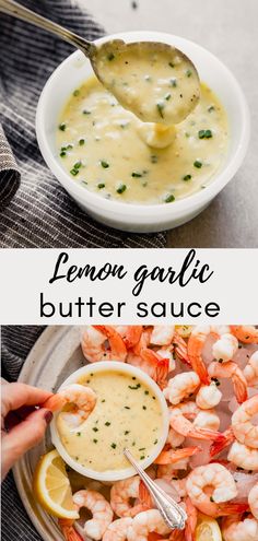 lemon garlic butter sauce in a bowl with shrimp on the side