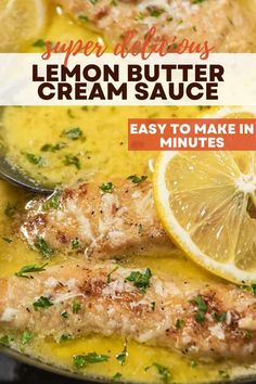 lemon butter cream sauce in a skillet with fish