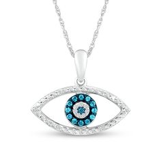 Carry a symbol of luck and protection when you wear this blue and white diamond evil eye pendant. Created in sterling silver The center shimmers with a blue diamond wrapped in halos of white and blue diamonds. The open eye-shaped frame shimmers with white diamonds and beaded details. This 1/10 ct. t.w. diamond pendant suspends along an 18.0-inch rope chain that secures with spring-ring clasp. Symbol Of Luck, Diamond Evil Eye, Blue Diamonds, Peoples Jewellers, Eye Pendant, Evil Eye Pendant, Blue Diamond, Rope Chain, Silver Diamonds