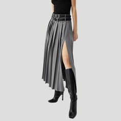 Indulge in ultimate luxury with our Pleated Split Maxi Skirt. Featuring delicate pleats and a flattering split, this skirt is the epitome of elegance. With its flowy silhouette and timeless design, it's perfect for any occasion. Elevate your wardrobe with this premium piece and make a statement wherever you go. Features: -95% Polyester,5% Acrylic -Solid Color -Pleated Design -Regular fit -Simple style