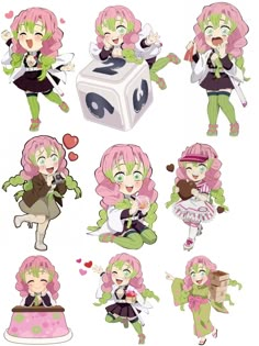 some cartoon characters with pink hair and green clothes