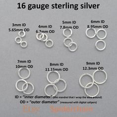 16 gauge AWG wire (0.508" or 1.29mm) solid sterling silver: 92.5% silver, 7.5% copper half-hard wire (springy and strong, but not brittle) If you aren't sure which size to get (or if you just want a handy reference of the available sizes) please visit this listing for a sampler that includes all the 16ga sterling silver sizes: https://www.etsy.com/listing/1707431434/jump-ring-sampler-16ga-sterling-silver Please note that all my sizes are listed by nominal INNER diameter. This is the diameter of Jump Ring Jewelry Wire, Jump Ring Jewelry, Wire Work Jewelry, Steel Rod, Work Jewelry, Rings Jewelry, Wire Work, Jump Rings, Jewelry Supplies