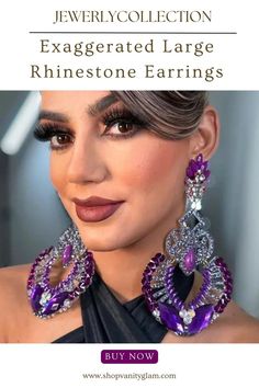 Exaggerated Large Rhinestone Earrings Glamorous Crystal Chandelier Earrings With Rhinestones, Party Jeweled Chandelier Earrings With Cubic Zirconia, Party Chandelier Earrings With Jeweled Cubic Zirconia, Jeweled Cubic Zirconia Chandelier Earrings For Party, Party Jeweled Chandelier Earrings In Cubic Zirconia, Jeweled Cubic Zirconia Bridal Earrings For Party, Purple Rhinestone Dangle Jewelry, Purple Dangle Rhinestone Jewelry, Party Purple Crystal Rhinestone Earrings