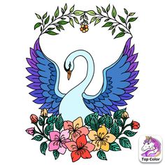 a white swan with blue wings surrounded by flowers