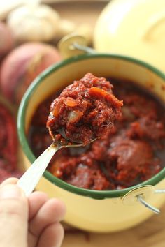 a person holding a spoon full of chili