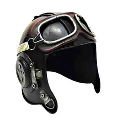 the helmet is black and has metal parts on it, including an eyepiece for protection