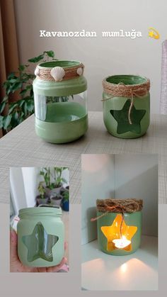 several pictures of green jars with candles in them and one has a star on it