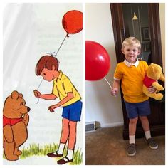 there are two pictures one has a boy holding a teddy bear and the other has a red balloon