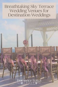 a wedding venue with wooden chairs and pink sashes