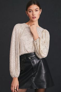 White Sequin Top, Unique Blouse, Flat White, White Flats, Sequin Top, Black Fits, Floral Blouse, Women's Tops, Happy Hour