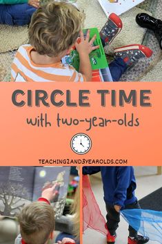 two children are sitting on the floor playing with toys and reading books in front of an orange sign that says circle time with two - year olds