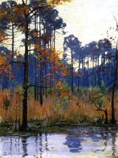 an oil painting of trees and water in the woods