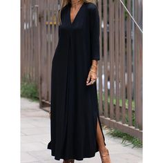 Season:Summer,Spring,Autumn,Fall; Fabric:Satin; Sleeve Length:Long Sleeve; Look After Me:Machine wash; Gender:Women's; Style:Fashion,Casual,Basic,Classic; Elasticity:Micro-elastic; Occasion:Beach,Daily,Vacation; Fit Type:Loose Fit; Dresses Type:Black Dress,Casual Dress,Cotton Linen Dress; Pattern:Plain; Design:Split; Neckline:V Neck; Front page:FF; Listing Date:07/19/2023; Production mode:External procurement; 2024 Trends:2023; Bust:; Length:; Dress Length Type:Maxi long Dress; Print Type:non-pr How To Fold Sleeves, Elegante Casual, Comfy Dresses, Loose Outfit, Yoga Shorts, Belleza Natural, Comfortable Dress, Denim Jumpsuit, Look Chic