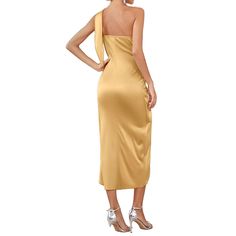 Champagne One Shoulder High and Low Hem Party Dress with Tie Summer Party Sheath Evening Dress, Gold Satin Maxi Dress For Party, Summer Party Satin One Shoulder Dress, One-shoulder Satin Maxi Dress For Dinner, Gold Satin Midi Dress For Night Out, Satin Midi Dress For Dinner And Party Season, Satin Midi Dress For Dinner Parties, Sheath Maxi Dress For Night Out And Party Season, Gold Midi Dress For Summer Dinner