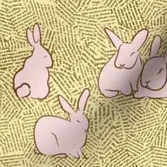 three pink rabbits sitting on top of a brown and yellow background with small white dots