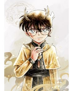 an anime character with horns on his head and glasses, standing in front of a white background