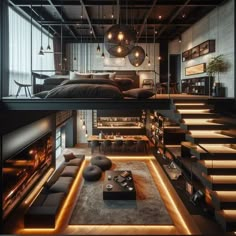 a loft bedroom with stairs leading up to the second floor and an open fire place