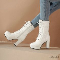 Lasaky - Sweet Loveliness Heeled Boots Water-Resistant High Heels Lace Shoelaces, Winter Short Boots, Heels Winter, Hoof Heels, Short Winter Boots, Bridal Boots, Boots Female, Gothic Shoes, Black Platform Shoes