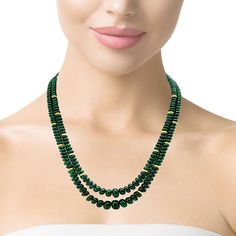 Formal Green Hand-strung Jewelry, Luxury Green Double Strand Beaded Necklaces, Elegant Green Hand-strung Emerald Necklace, Elegant Hand-strung Green Emerald Necklace, Hand-strung Green Emerald Necklace, Luxury Green Single Strand Beaded Necklace, Elegant Green Rondelle Beads, Vintage Green Multi-strand Beaded Necklace, Luxury Green Multi-strand Beaded Necklaces