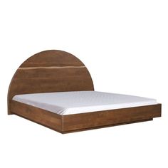 a bed with a wooden headboard and foot board on top of it, against a white background