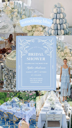 a blue and white bridal shower is featured in this collage with the words something blue