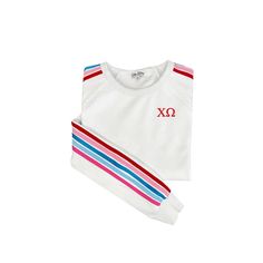 Chi Omega Striped Crewneck Sweatshirt  This pullover sweatshirt comes in a variety of colors with embroidered Chi Omega Greek letters.  Unisex sizes S - XL.  All of our embroidered gifts are ready to leave our shop in California within 3-5 business days.   All of our items are made to order.  Since each item is specially made with your desired colors, we are unable to accept returns or exchanges.  Please contact us if you have any questions or concerns about sizing... we are happy to help! Officially Licensed Product NO RETURNS or EXCHANGES: All of our items are embroidered once you place the order so we are unable to accept returns or exchanges.  Please message us with any questions about the product.  We are happy to help.  Our hours or operation are Monday to Friday 8am - 4pm PST.  Info White Long Sleeve Sweatshirt With School Spirit, White School Spirit Sweatshirt With Ribbed Cuffs, White Embroidered Logo Sweatshirt For Loungewear, White Sweatshirt With Ribbed Cuffs For School Spirit, White Sweatshirt With Letter Embroidery For Loungewear, White Embroidered Graphics Sweatshirt For Loungewear, White Sweatshirt With Embroidered Graphics For Loungewear, White Embroidered Sweatshirt For Loungewear, White Letter Embroidery Sweatshirt For Loungewear