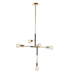 the brass and black chandelier with five bulbs hanging from it's center