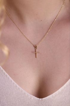 14k Gold Cross Necklace / Handmade Cross Necklace / Religious | Etsy 14k Rose Gold Necklaces For Jewelry Making, Dainty Crucifix Necklace As A Gift, Dainty Crucifix Necklace For Gift, Delicate Cross Jewelry Gift, Delicate Chain Rose Gold Cross Necklace, Rose Gold Cross Necklace With Delicate Chain, Delicate Rose Gold Cross Jewelry, Rose Gold Crucifix Necklace As Gift, Minimalist Hallmarked Rose Gold Necklaces