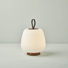 an apple shaped lamp with a wooden base