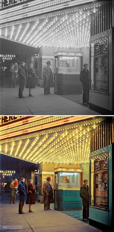 two pictures of people standing outside of a theater at night and in front of the marquee