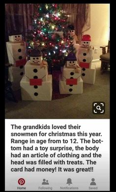 a christmas tree decorated with snowmen and presents in front of a small lite - up christmas tree