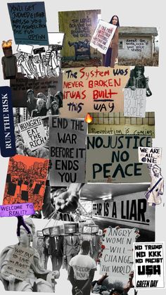 collage of protest signs and posters with words written on them, including one that says no justice