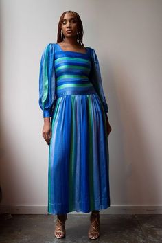 vintage; Pauline Trigere; stripped; silk; gown; blue; green; printed; jewel cut buttons; one of a kind; free people; Pauline Trigere, Dramatic Sleeves, Gown Blue, Silk Gown, Stripe Silk