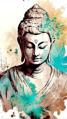 the buddha statue is painted with watercolors