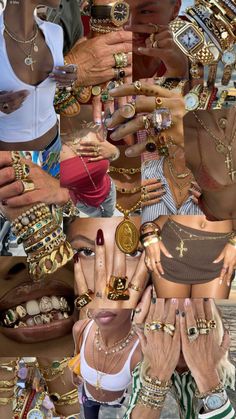 Lots Of Gold Jewelry Aesthetic, Lots Of Gold Jewelry, Julery Aesthetic, Jewelry Black Women, Gold Aesthetic Jewelry, Accessories Collage, Thick Jewelry, Jewelry Goals, Ahs Style