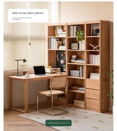 a computer desk sitting in front of a book shelf