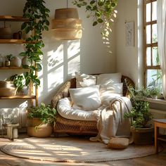 a living room filled with lots of plants and furniture