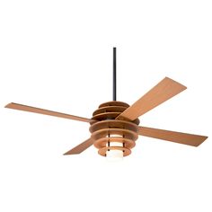 a ceiling fan with wooden blades and a light bulb on the top, against a white background